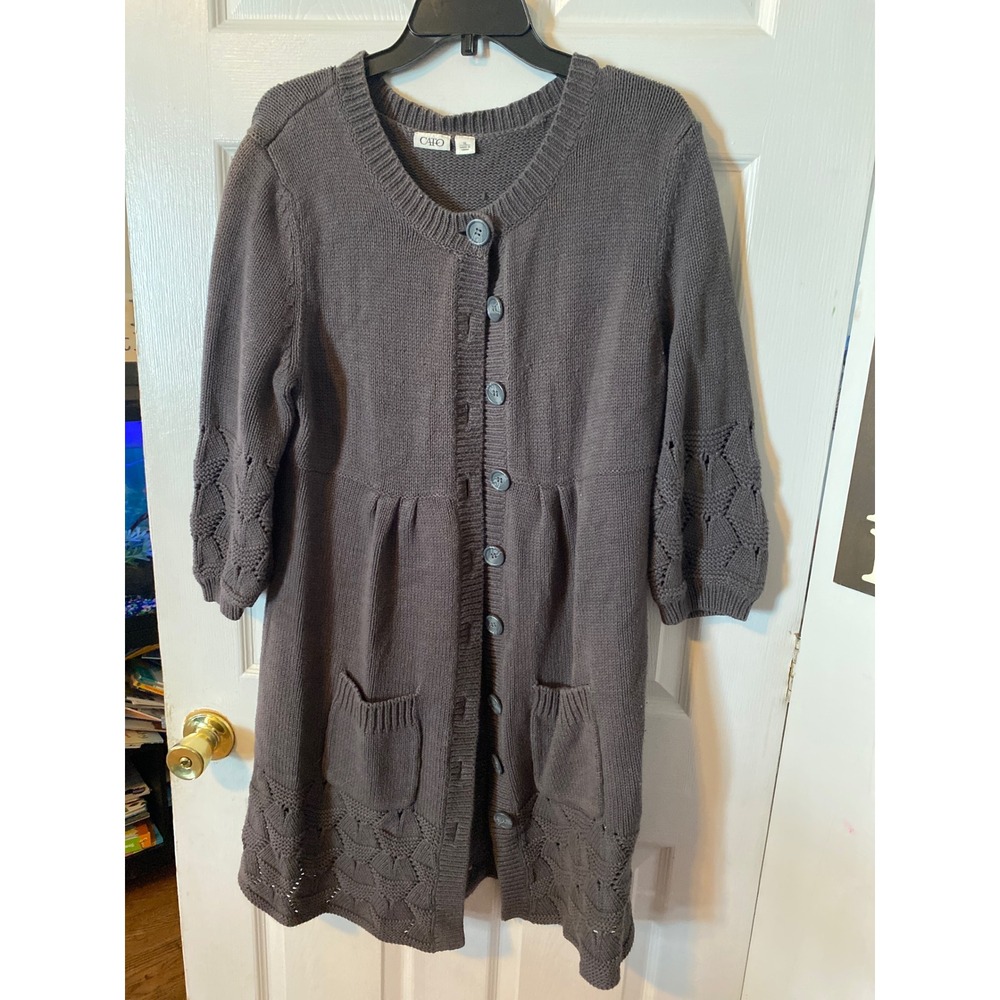 Cato Womens XL Gray Longline ButtonFront Cardigan Sweater Pointelle Knit Pockets